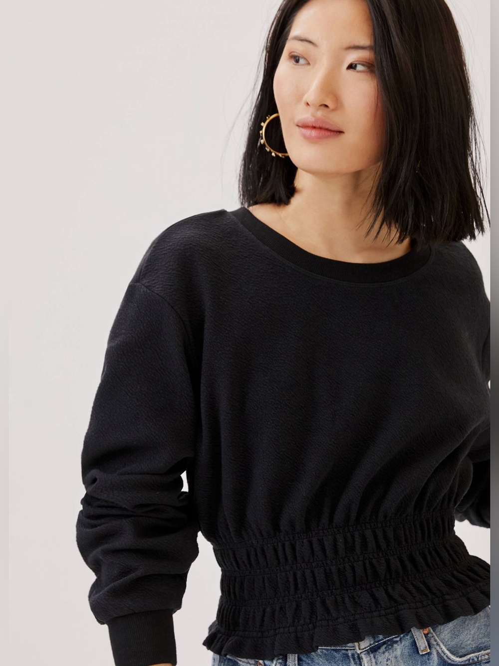 Anthropologie Maeve Black Textured Long Sleeve Cropped Smocked Boat Top Medium